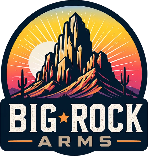 Big Rock Arms badge: a desert rock spire against a sunburst